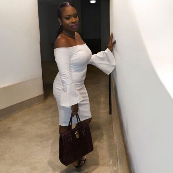 Lulus ✦ “All She Wants” White Off-Shoulder Bodycon Midi Dress ✦ Bell Sleeves S - Picture 14 of 16